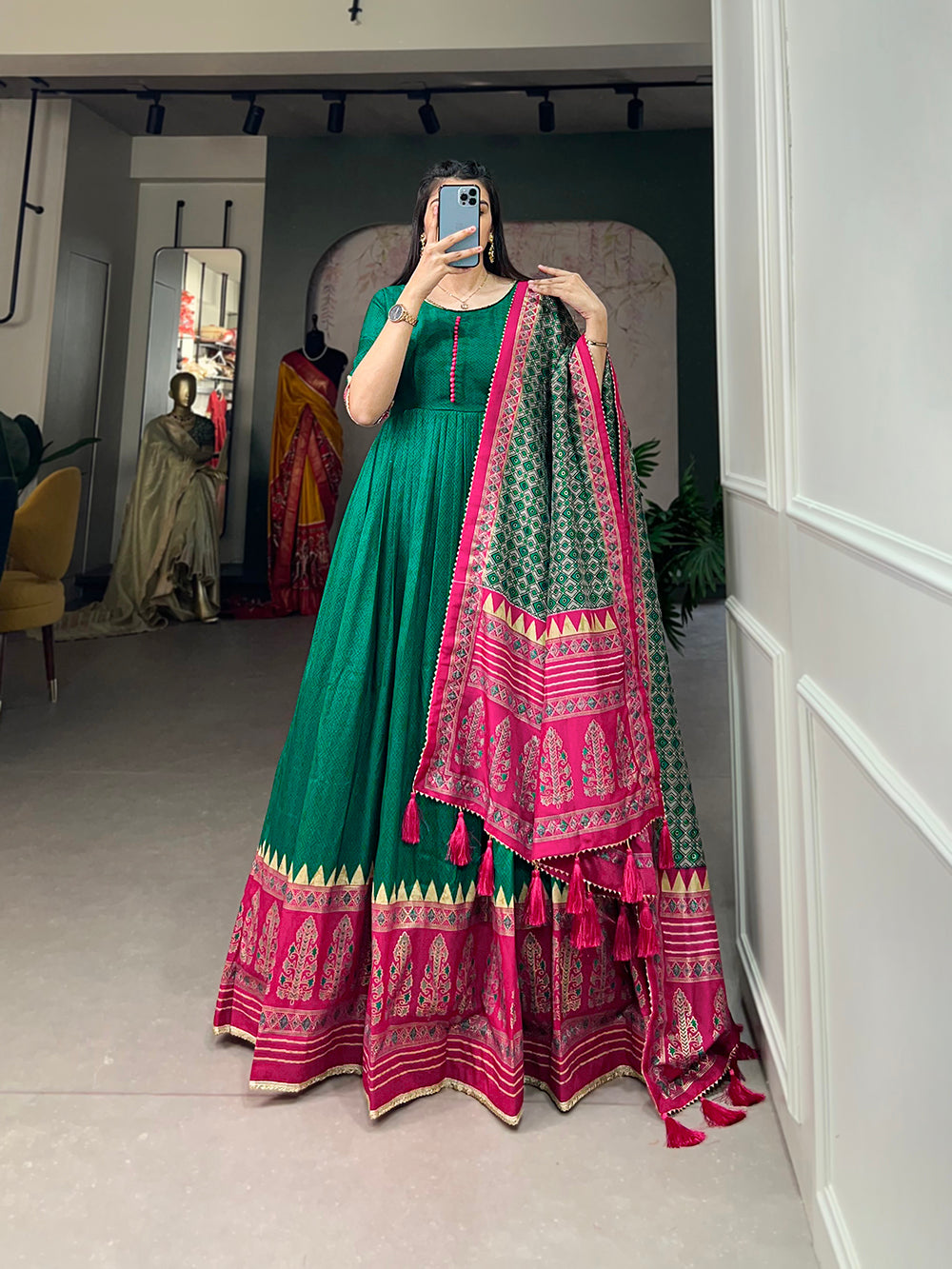 Green Color Print With Foil Print Tussar Silk Dress