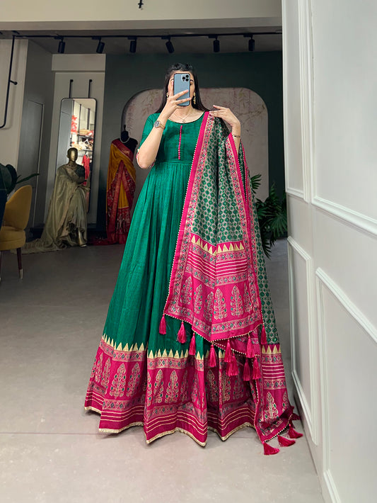 Green Color Print With Foil Print Tussar Silk Dress
