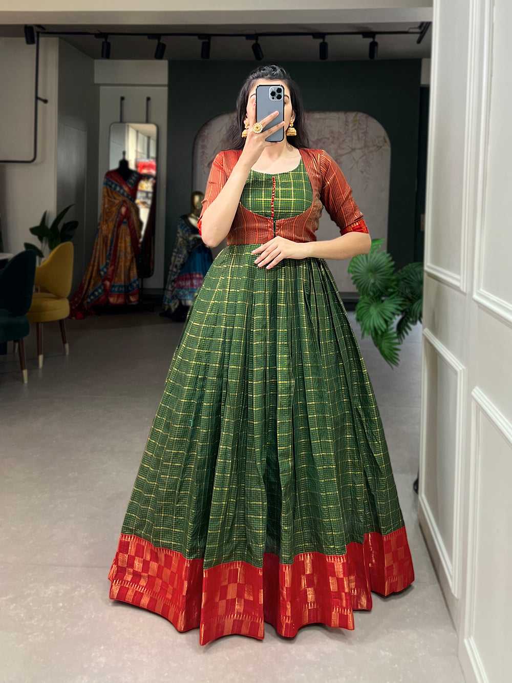 Green Color Zari Weaving Work Zari Chex Traditional Dress