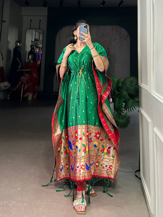 Green Color Zari Weaving Work Jacquard Kaftan