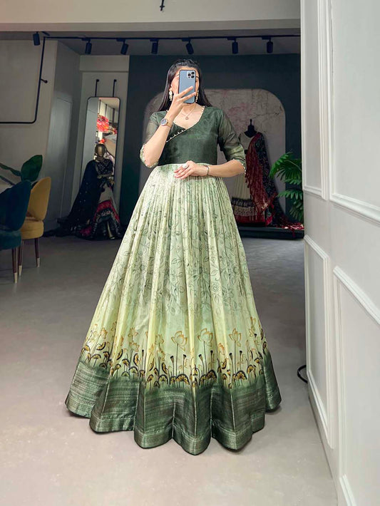 Green Color Printed With Weaving Border Tussar Silk Dress