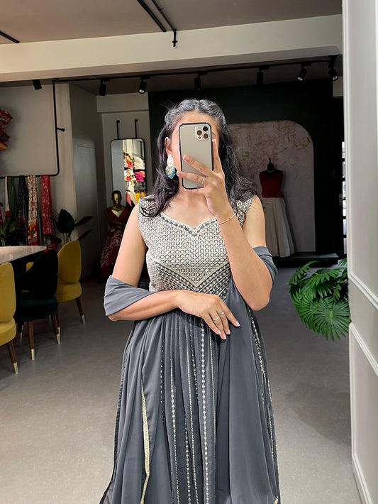 Grey Color Sequins And Thread Embroidery Work Georgette Kurti Plaza Set