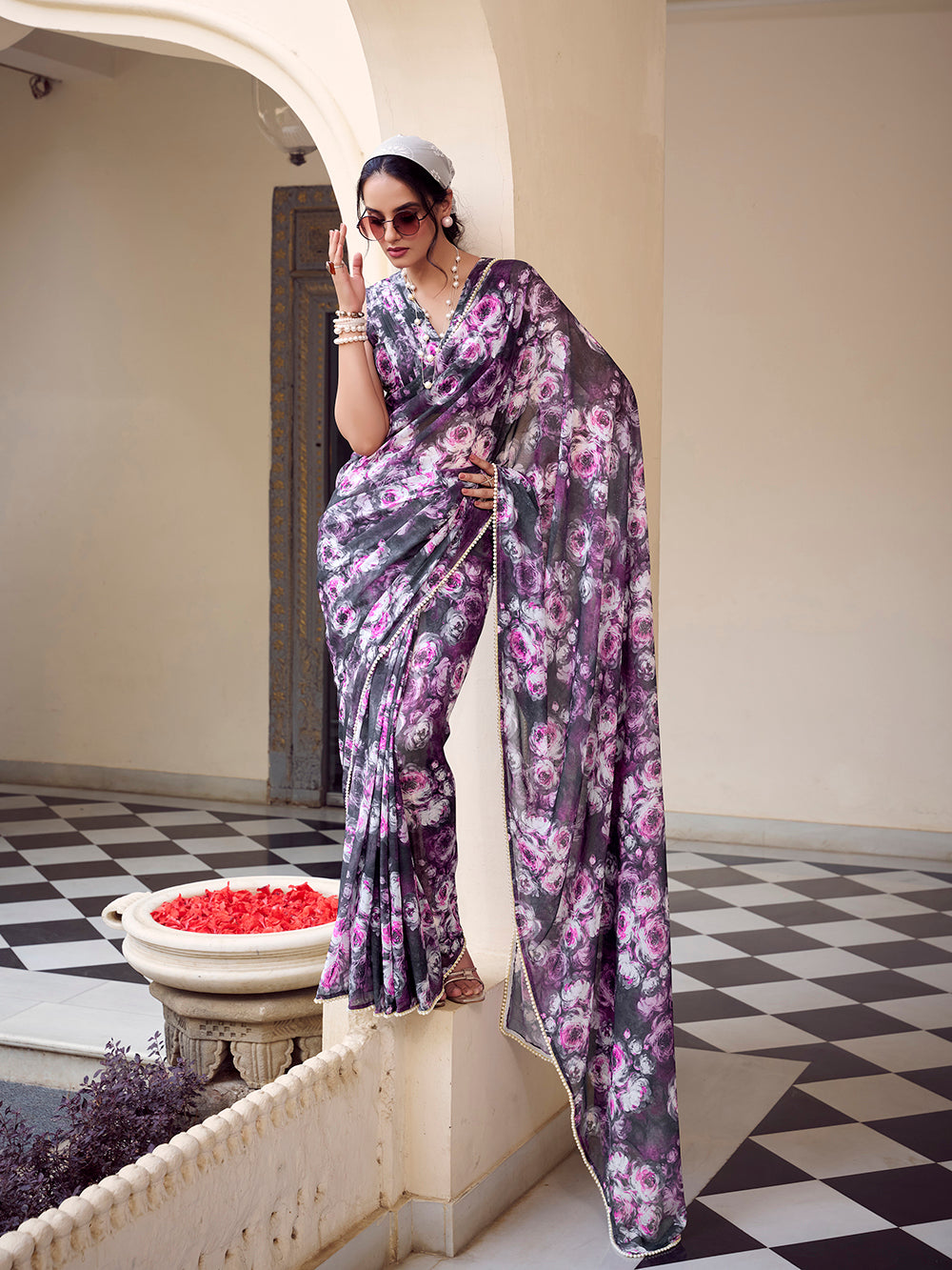 Grey Color Floral Printed With Peral Lace Border Weightless Marbal Saree