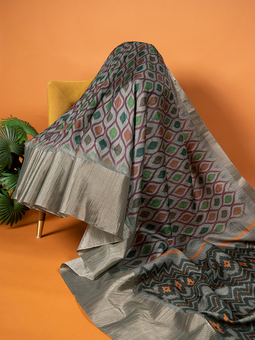 Grey Color Kotha Zari Border Handloom Printed Saree