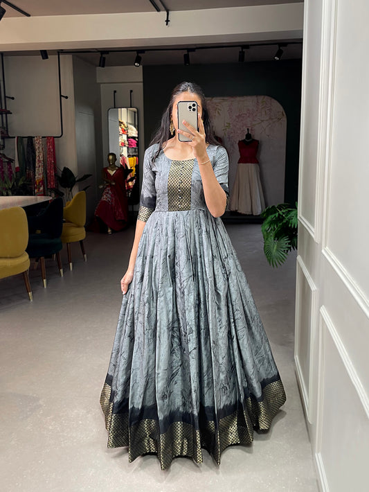 Grey Color Zari Weaving Work Shibori Printed Silk Dress