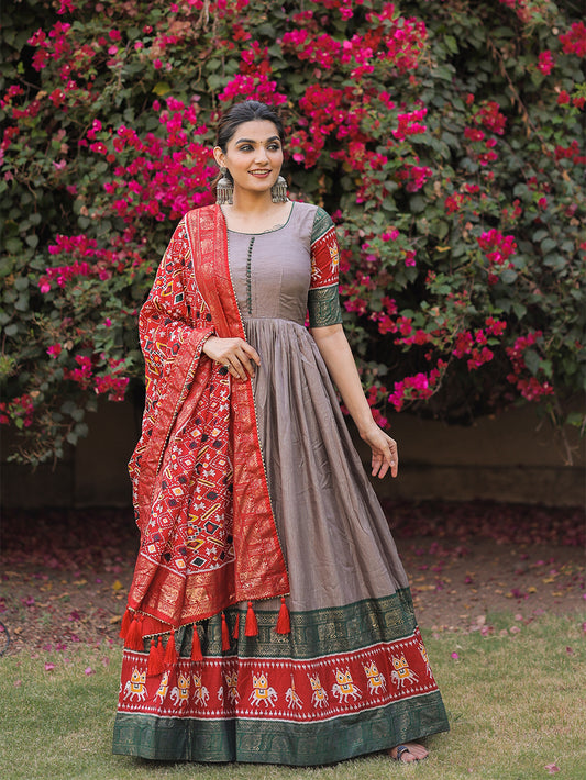Grey Color Patola with Foil Print Dola Silk Dress