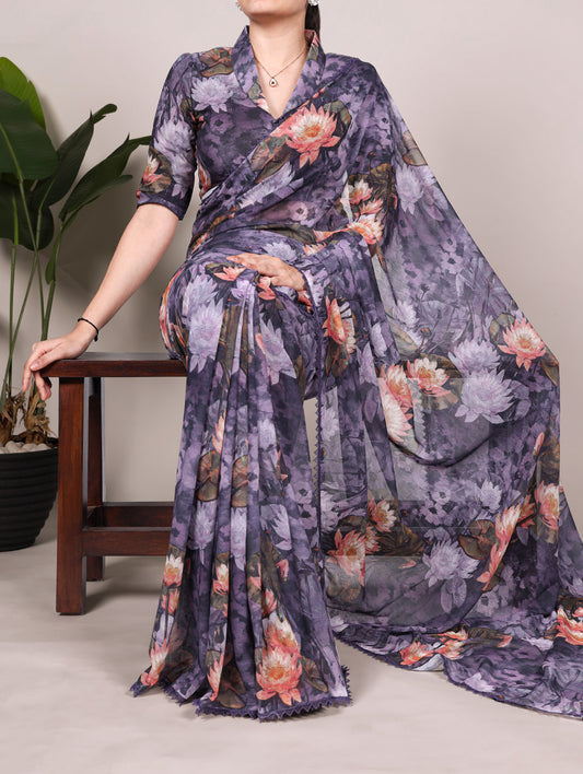 Grey Color Floral Printed With Lace Border Weightless Marbal Saree