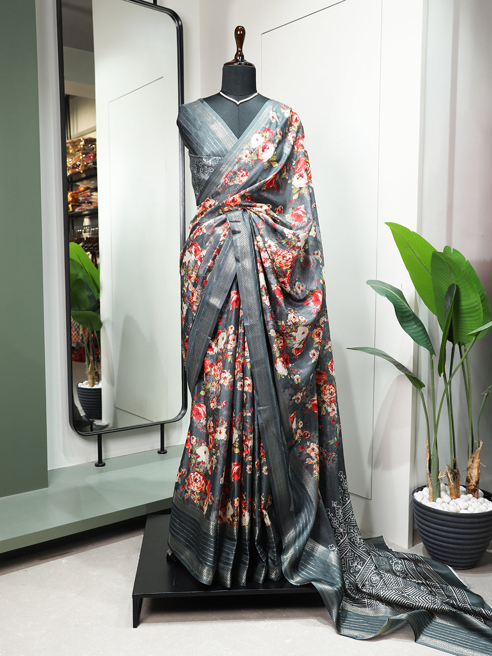 Grey Color Printed With Sequins And Zari Work Border Dola Silk Saree