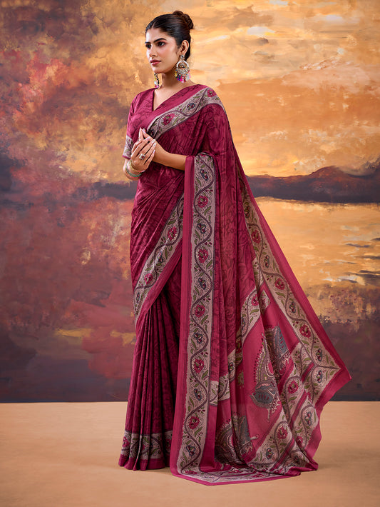 Megenta Pink Color Printed Crepe Saree