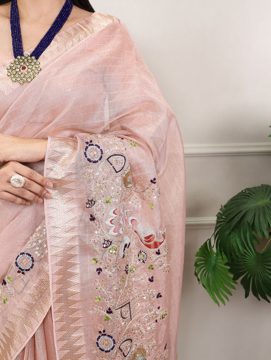 Peach Color Embroidery Beads Work Zari Kota Tissue Saree