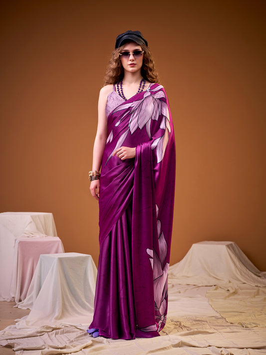 Pink Color Floral Print Satin Silk Saree