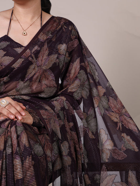 Wine Color Floral Viscose Lurex Brasso Saree