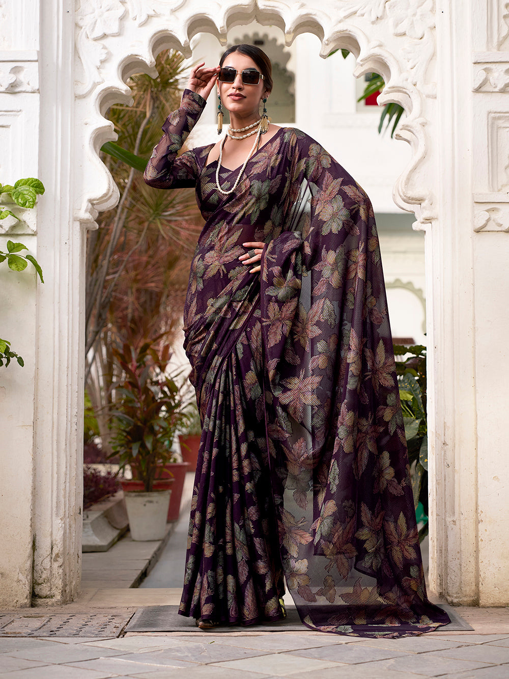 Wine Color Floral Viscose Lurex Brasso Saree