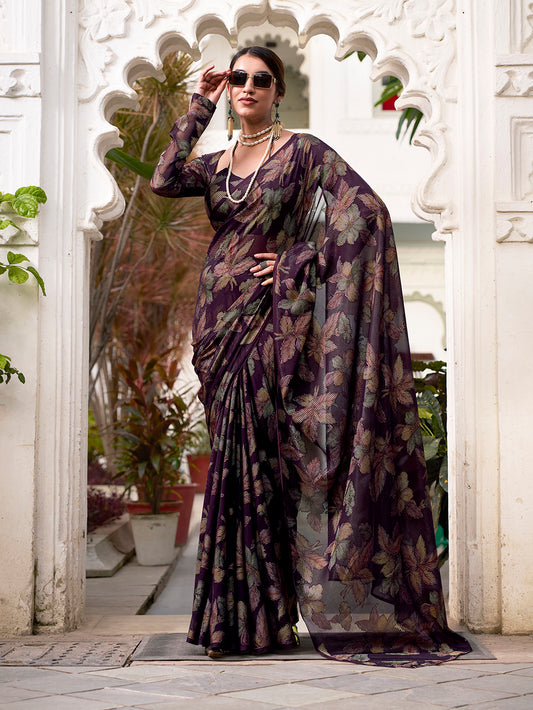 Wine Color Floral Viscose Lurex Brasso Saree