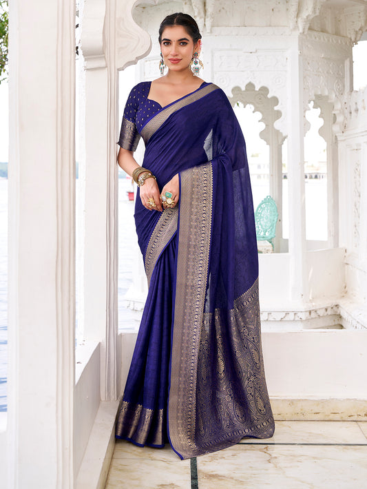 Navy Blue Color Self Printed With Zari Weaving Work Chinon Saree
