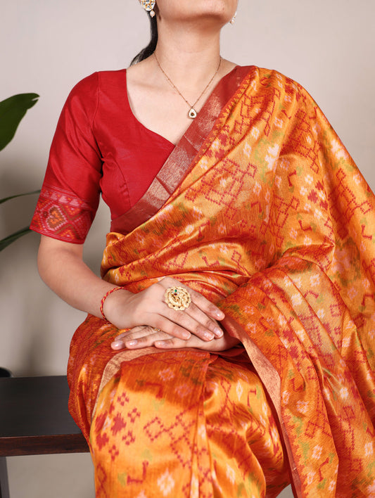 Orange Color Patola Print With Zari Weaving Work Jacquard Silk Saree