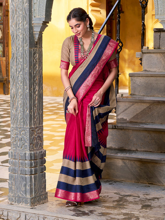 Pink Color Printed With Zari Weaving Work Poly Cotton Saree