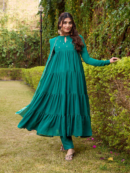 Teal Color Foil Work Marbel Gown