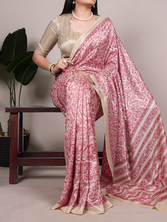 Salmon Color Printed Tasar Silk Saree