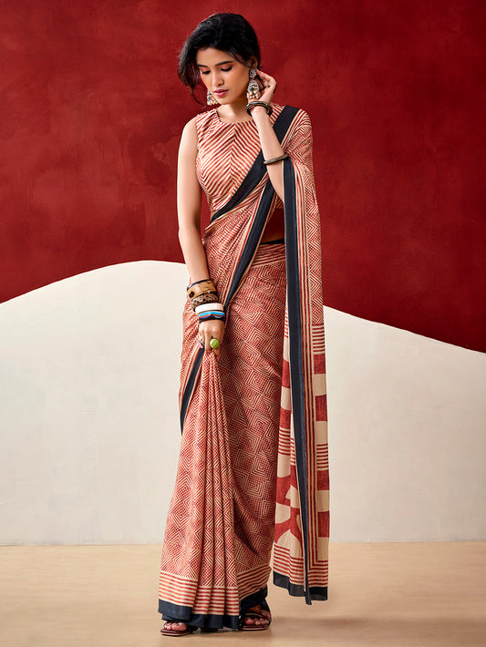 Rust Orange Color Fancy Printed Dull Satin Saree