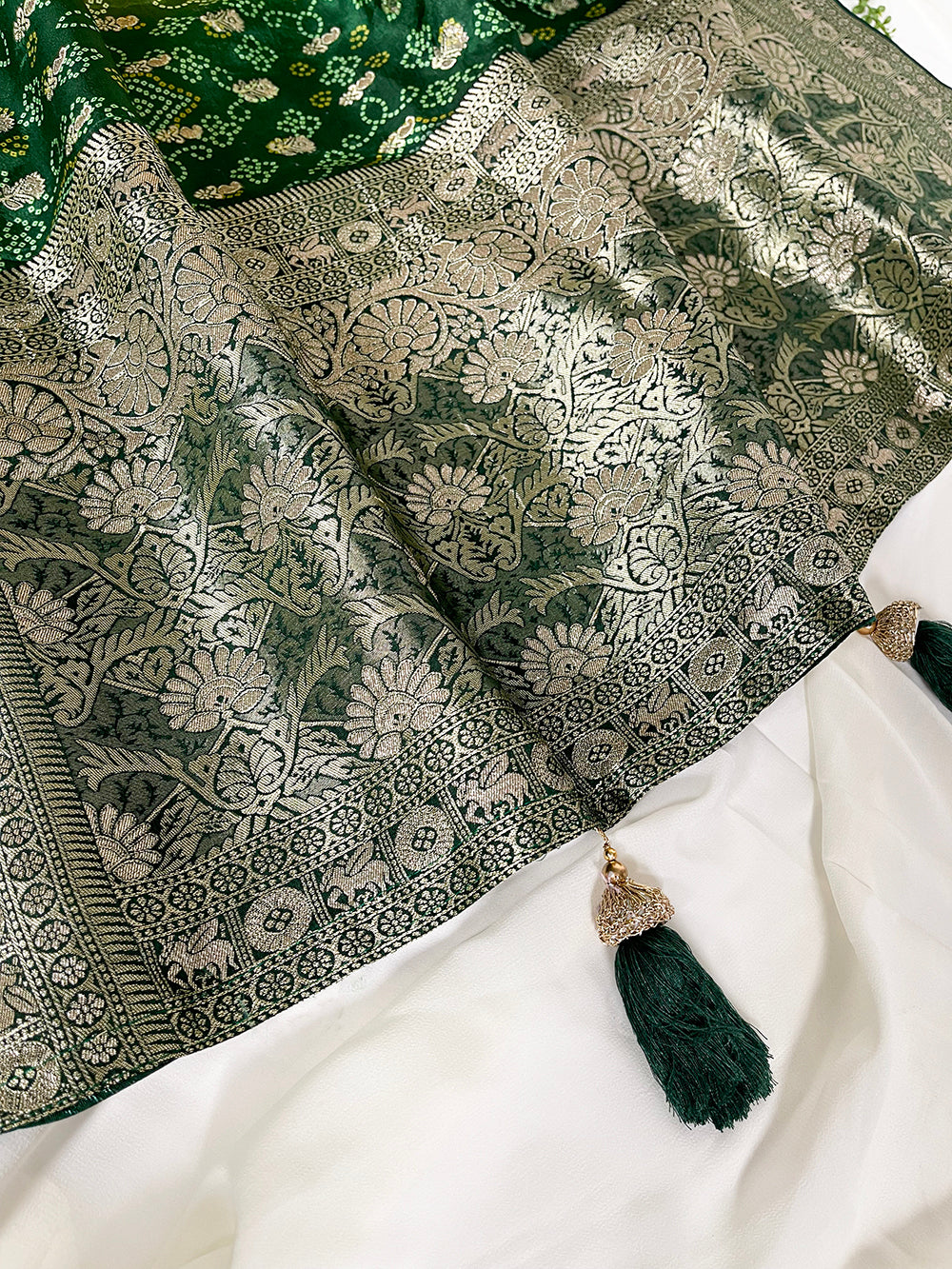 Green Color Bandhej Printed And Weaving Work Viscose Saree