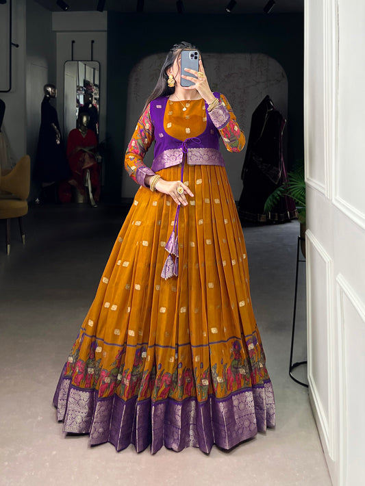 Mustard Color Kalamkari With Zari Weaving Work Poly Cotton Gown