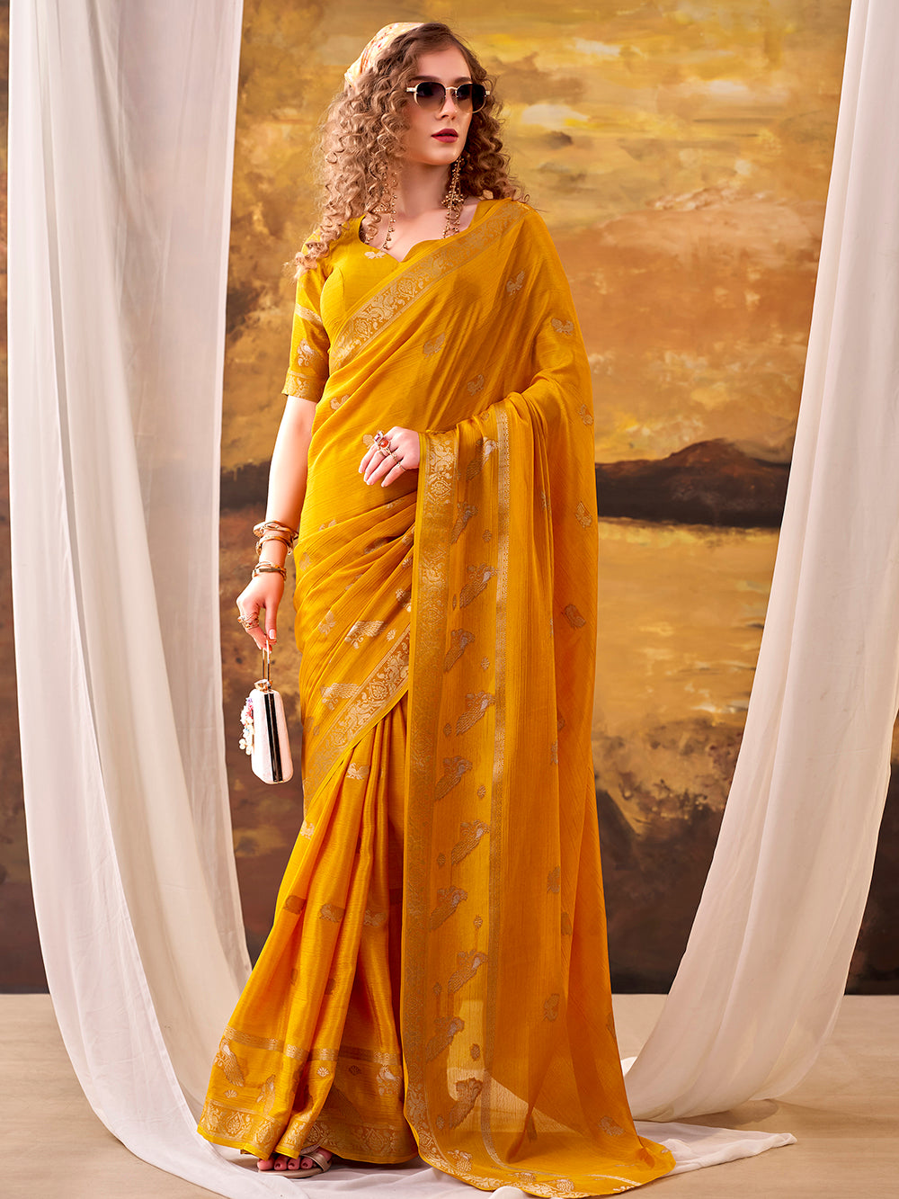 Yellow Color Weaving Work Crepe Saree