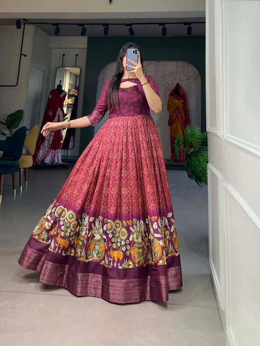 Wine Color Printed With Weaving Work Tussar Silk Dress