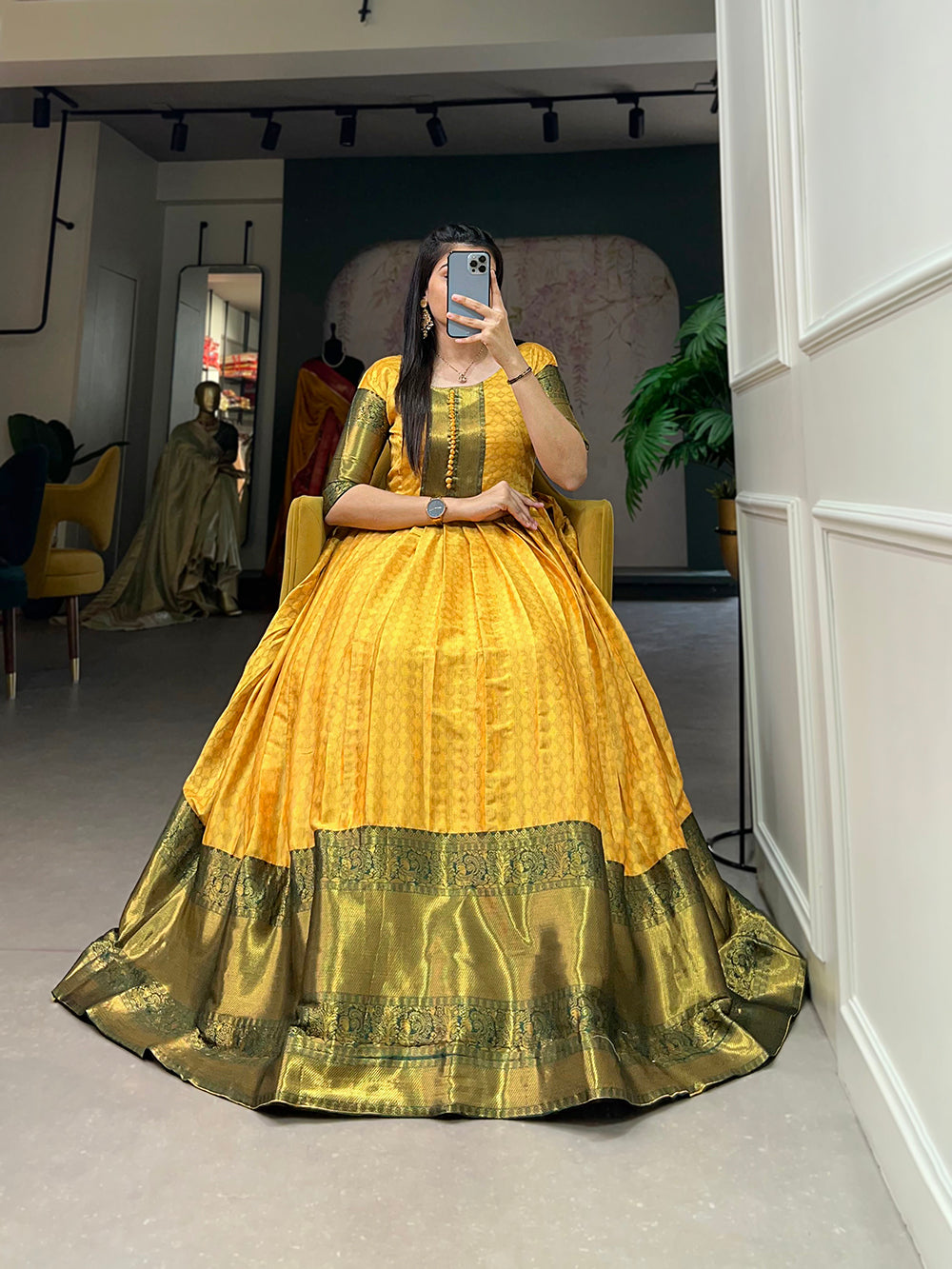 Mustard Color Self Design Aura Fabric Zari Weaving Work Dress