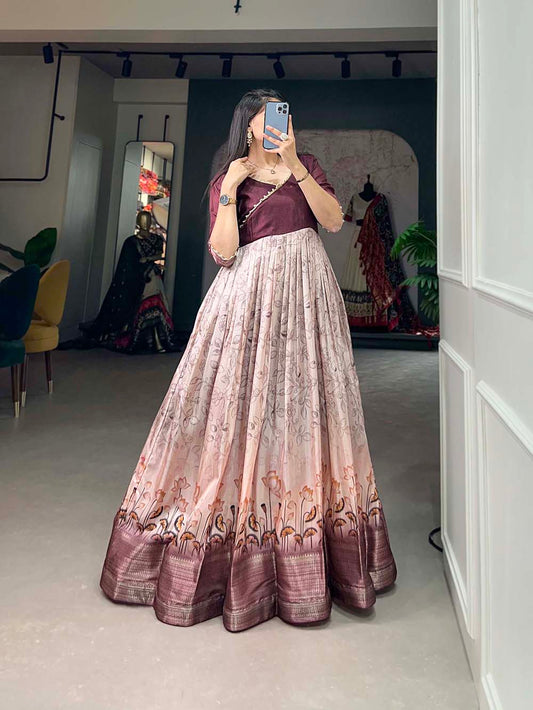 Wine Color Printed With Weaving Border Tussar Silk Dress