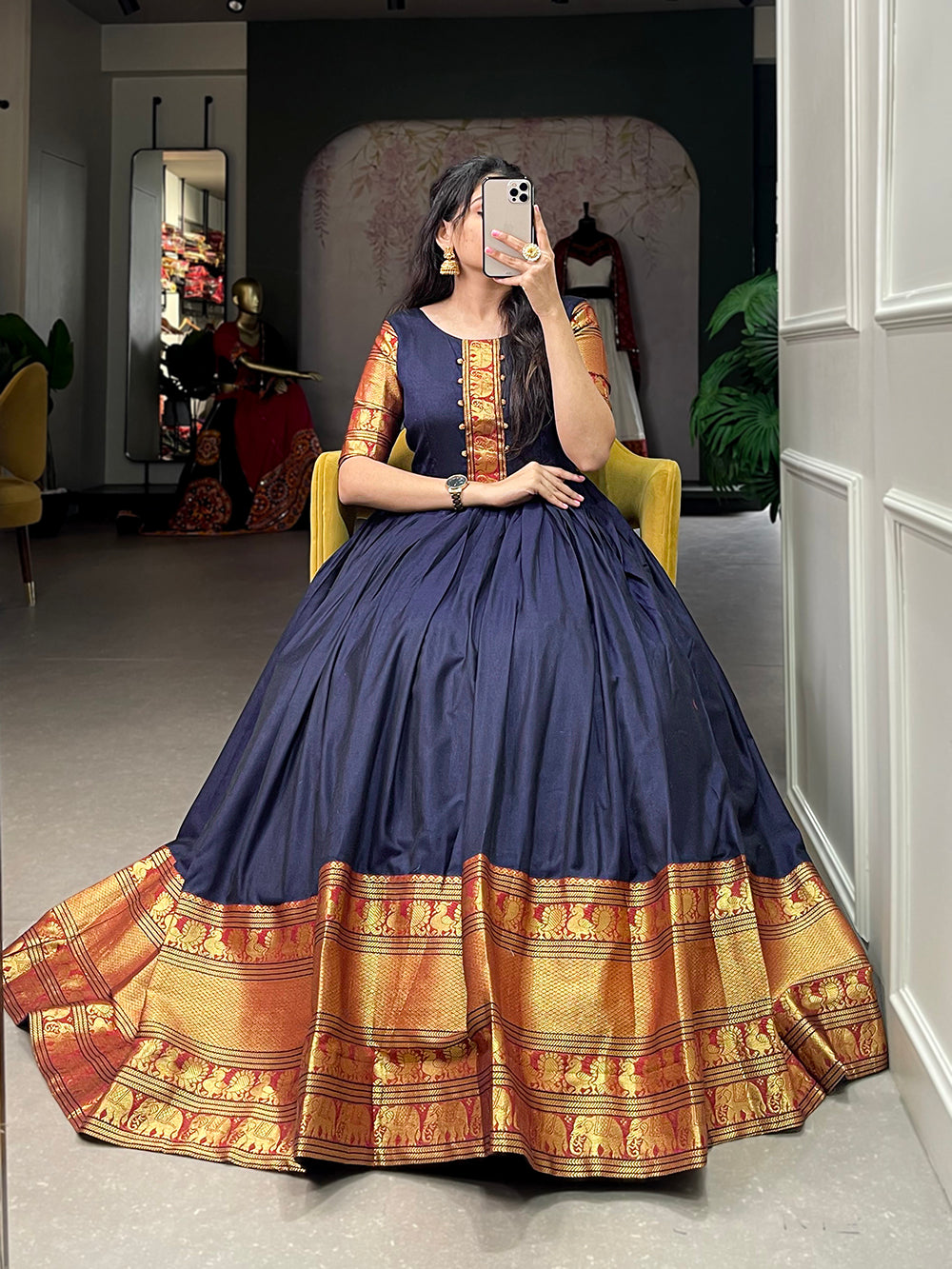 Navy Blue Color Zari Weaving Work Narayan Pet (Cotton) Dress