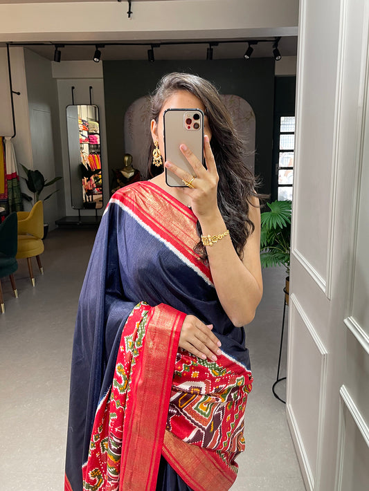Navy Blue Color Patola Print And Foil Work Dola Silk Saree