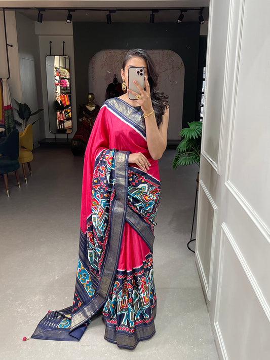 Pink Color Patola Print And Foil Work Dola Silk Saree
