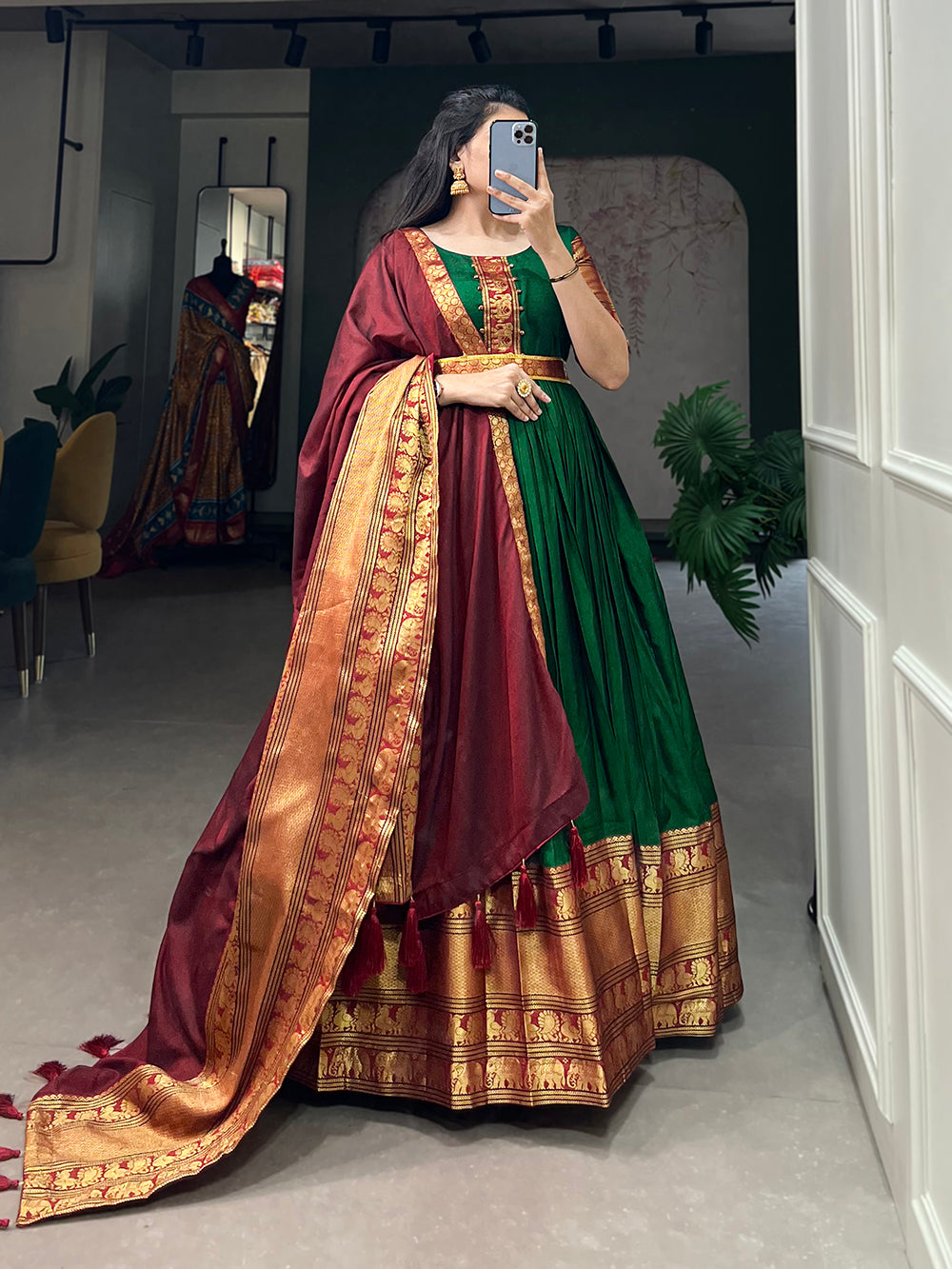 Green Color Zari Weaving Work Narayan Pet Cotton South Dress