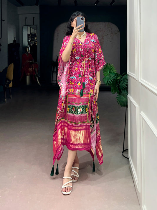 Pink Color Ikkat Patola Printed Gaji Silk Kaftan