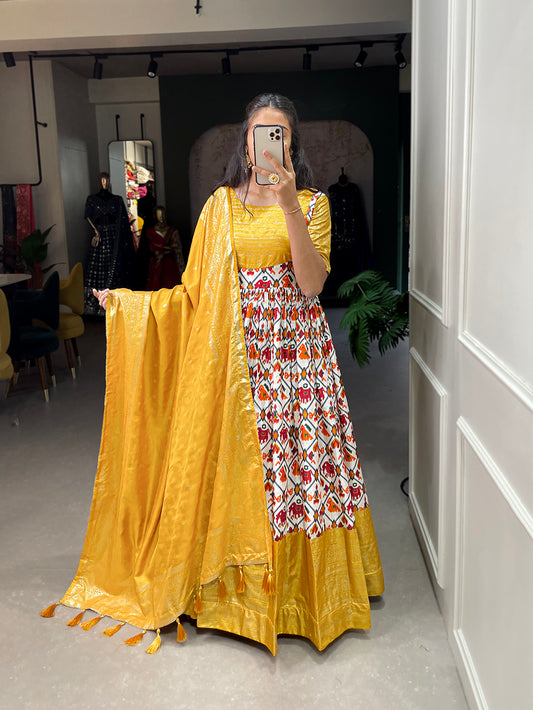 Mustard Color Patola Print With Foil Work Dola Silk Dress