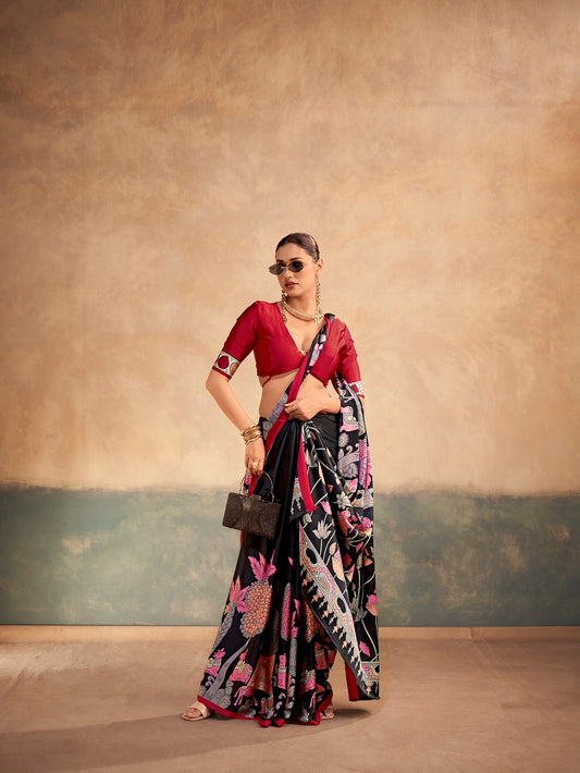 Red Color Kalamkari Print Saree