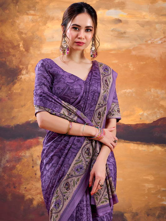 Purple Color Printed Crepe Saree