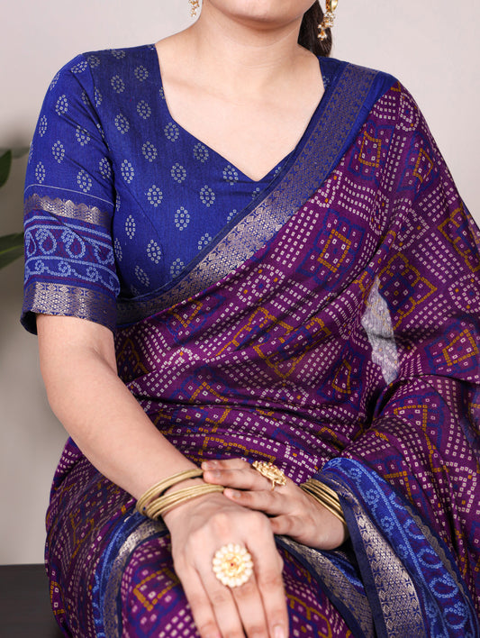 Purple Color Bandhej Print With Zari Weaving Work Viscose Chanderi Saree
