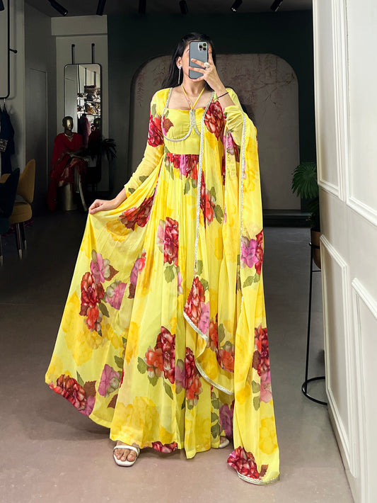 Yellow Color Floral Print With Lace Border Chiffon Gown