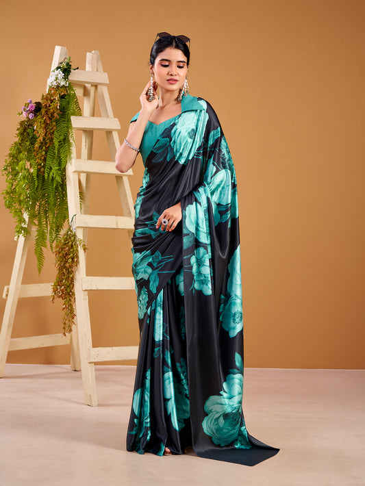 Teal Color Floral Printed Satin Silk Saree