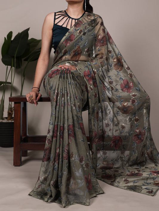 Mehendi Color Floral Viscose Lurex Brasso Saree
