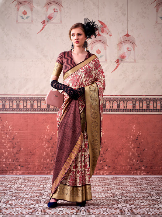 Pink Color Printed With Viscose Border Tasar Silk Saree