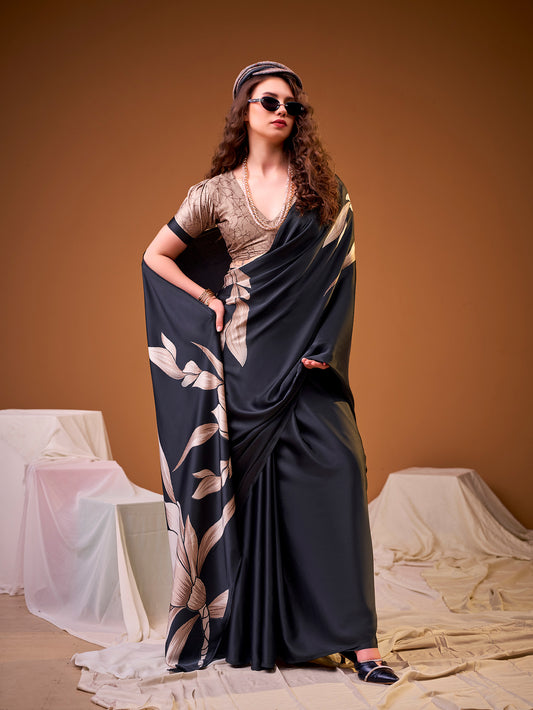 Black Color Floral Print Satin Silk Saree