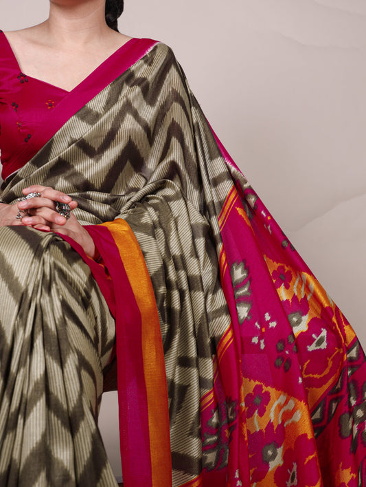 Mehendi Color Printed Tasar Silk Saree