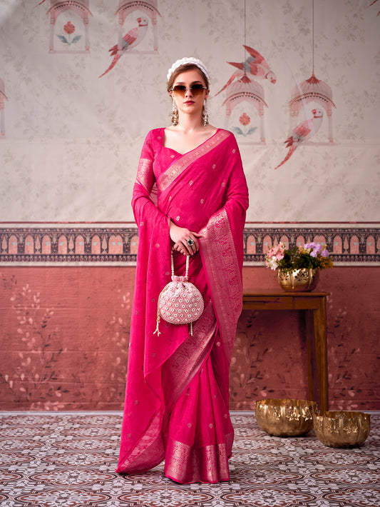 Pink Color Self Printed With Zari Weaving Work Saree