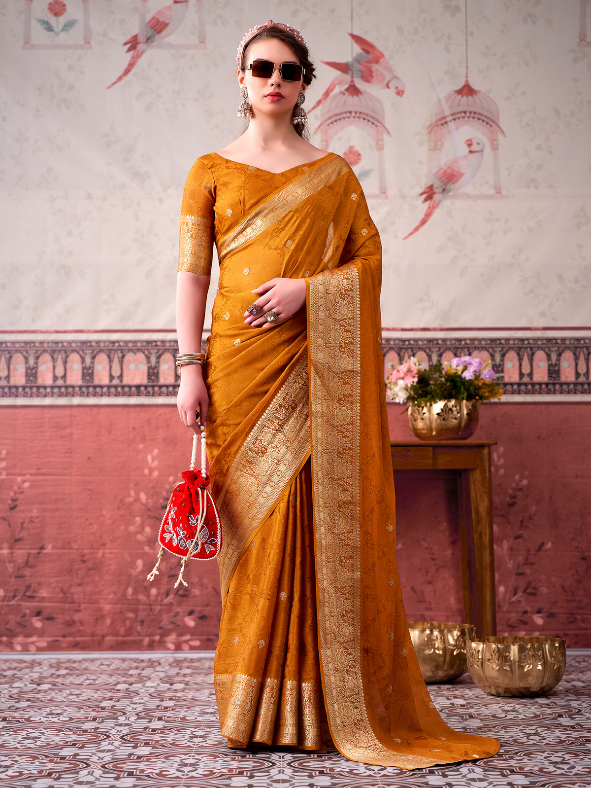 Mustard Color Chinon Saree