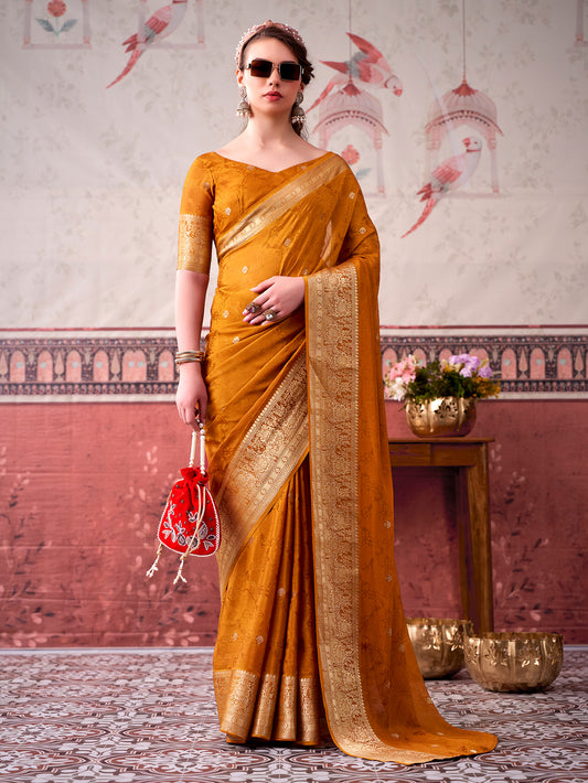 Mustard Color Chinon Saree