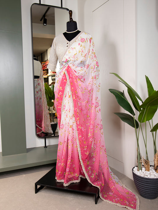Pink Color Printed With Cotton Lace Border Georgette Saree