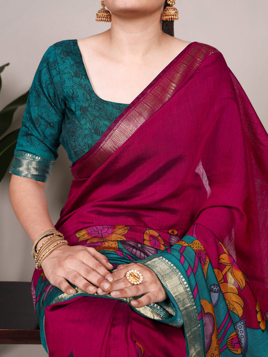 Pink Color Tradition Floral Printed With Zari Weaving Work Viscose Chanderi Saree